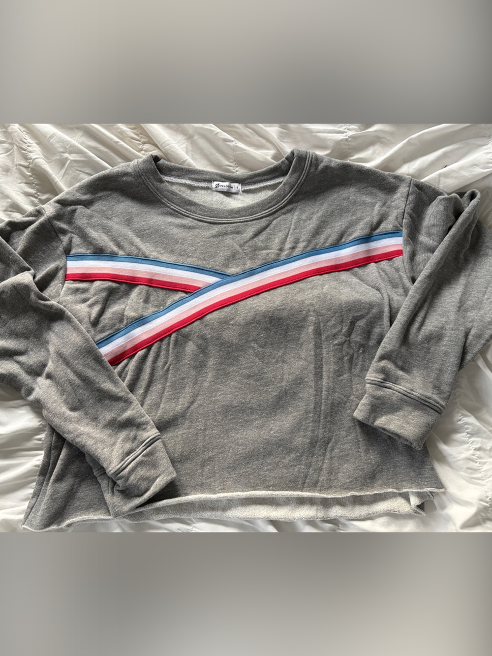 Peloton Gray Cropped Sweatshirt with Red, Light Blue & White Crossed Stripes